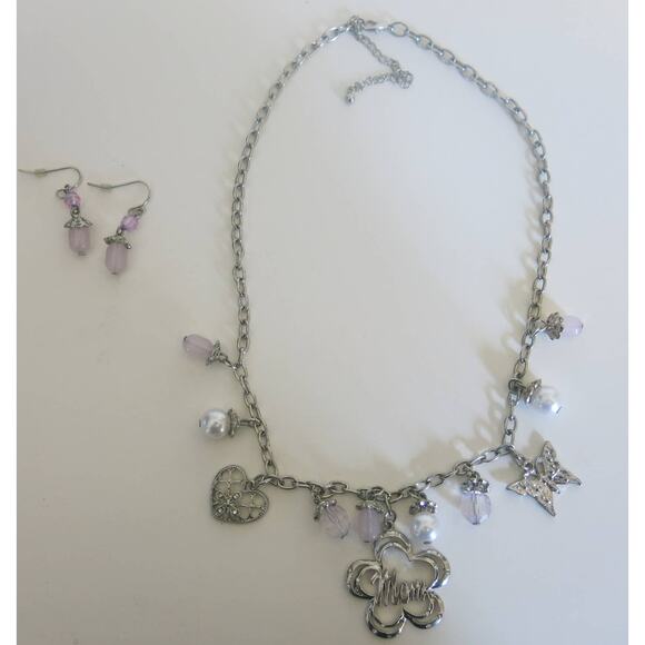 MOM Charm Necklace/Pierced Earring Set Silver Tone Mothers Day Heart "Pearls" - Picture 2 of 14